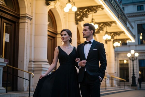 Elegancka para w wieczorowych strojach stoi przed klasyczną filharmonią oświetloną wieczornym światłem