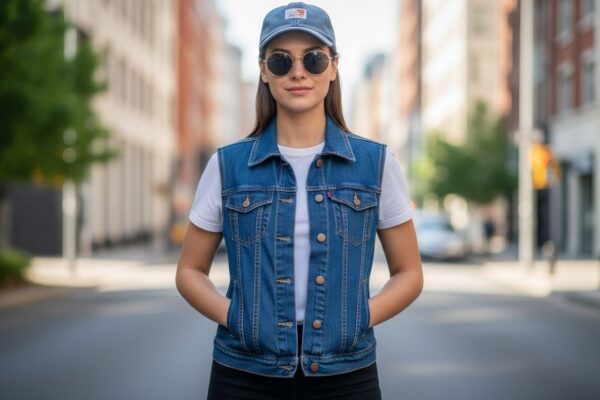 Młoda kobieta w jeansowej kamizelce na tle miejskiej ulicy w casualowej stylizacji