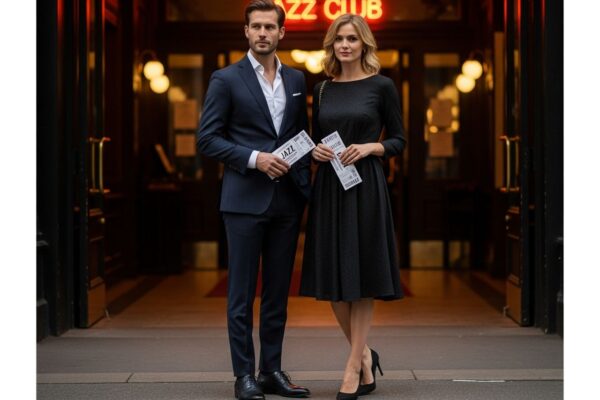 Mężczyzna i kobieta przy wejściu na koncert jazzowy, elegancka stylizacja, ciepłe wieczorne światło.