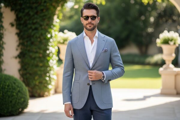 Mężczyzna w lekkim sportowym blezerze i białej koszuli na tle eleganckiego, zielonego miejsca weselnego