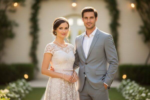 Para w eleganckich strojach stoi na tle sali ślubnej z roślinami i rozmytym światłem.