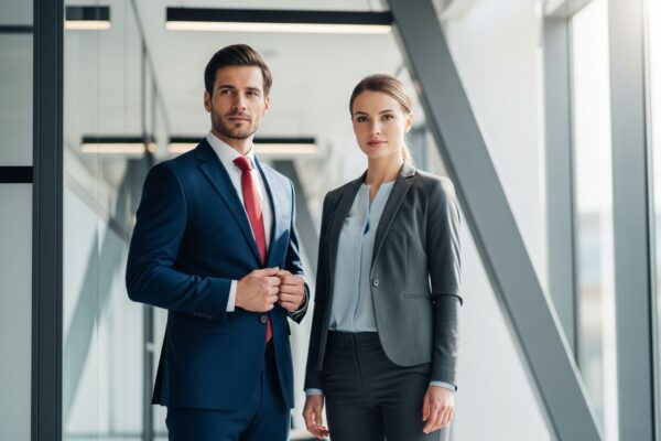 Biznesmen i bizneswoman stojący w nowoczesnym biurze w profesjonalnych garniturach, naturalne światło.