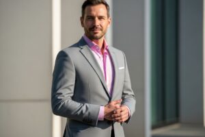 Mężczyzna w jasnoszarym garniturze i różowej koszuli na tle miejskiej architektury w naturalnym świetle.