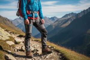 Turysta górski stoi na skalistej ścieżce w odzieży trekkingowej z plecakiem, górski krajobraz w tle