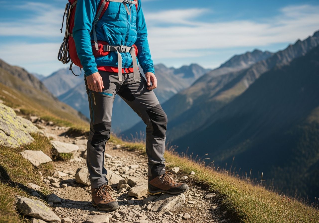 Turysta górski stoi na skalistej ścieżce w odzieży trekkingowej z plecakiem, górski krajobraz w tle