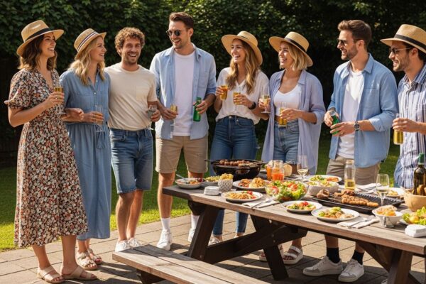 Grupa młodych ludzi przy grillu w ogrodzie, ubrana w letnie stroje, rozmawia i cieszy się wspólnym czasem