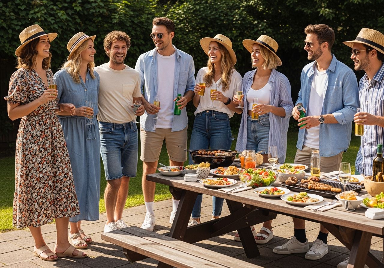 Grupa młodych ludzi przy grillu w ogrodzie, ubrana w letnie stroje, rozmawia i cieszy się wspólnym czasem