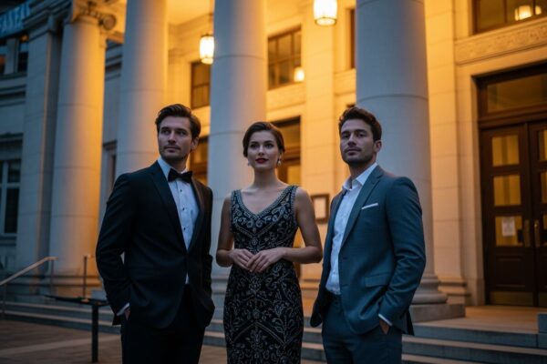 Trzy osoby w eleganckich strojach przed wejściem do klasycznego teatru wieczorem