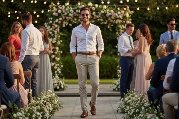 Mężczyzna na weselu w smart casual, biały shirt, beżowe chinos, brązowe loafers, otoczony gośćmi w ogrodzie