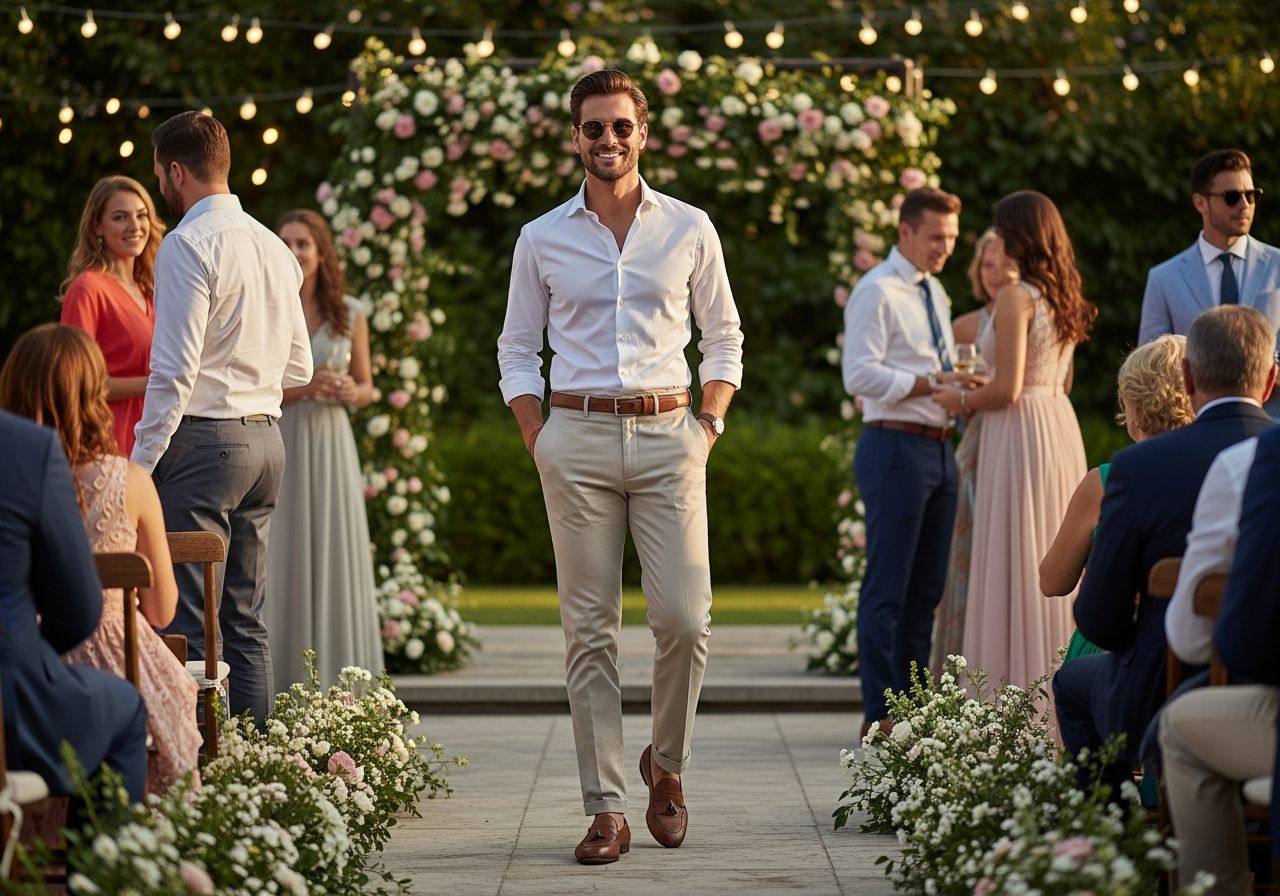 Mężczyzna na weselu w smart casual, biały shirt, beżowe chinos, brązowe loafers, otoczony gośćmi w ogrodzie