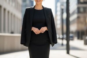 Kobieta w czarnej sukience i eleganckim żakiecie stoi na tle rozmytego miejskiego krajobrazu.