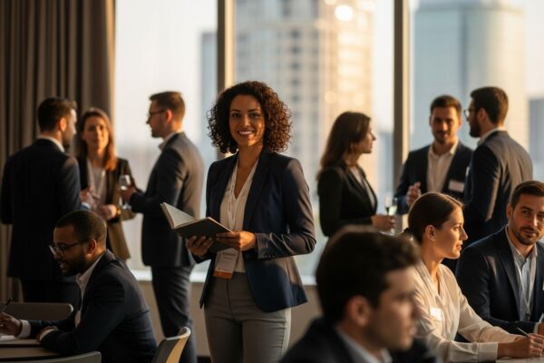 Kobieta w marynarce z notesem rozmawia na nowoczesnej konferencji biznesowej z grupą ludzi
