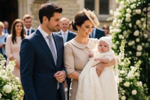 Rodzina na chrzcinach przed kościołem, ojciec w garniturze, matka z dzieckiem w białej szacie, goście w tle