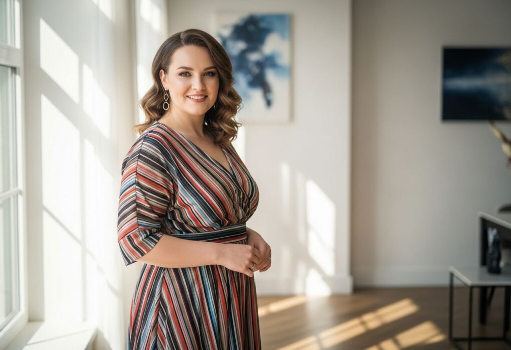 Plus size kobieta w kolorowej sukience stoi w jasnym pokoju, uśmiecha się, naturalny makijaż, miękkie fale włosów