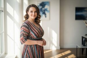 Plus size kobieta w kolorowej sukience stoi w jasnym pokoju, uśmiecha się, naturalny makijaż, miękkie fale włosów