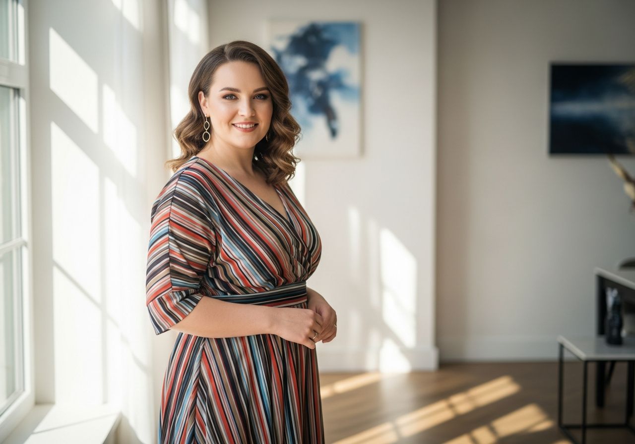 Plus size kobieta w kolorowej sukience stoi w jasnym pokoju, uśmiecha się, naturalny makijaż, miękkie fale włosów