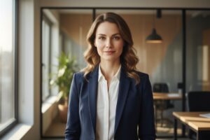 Profesjonalna kobieta w granatowej marynarce stojąca w nowoczesnym biurze, patrzy prosto w obiektyw