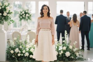 Kobieta w stylowej spódnicy i bluzce na tle jasnej sali weselnej z kwiatowymi dekoracjami i gośćmi w tle