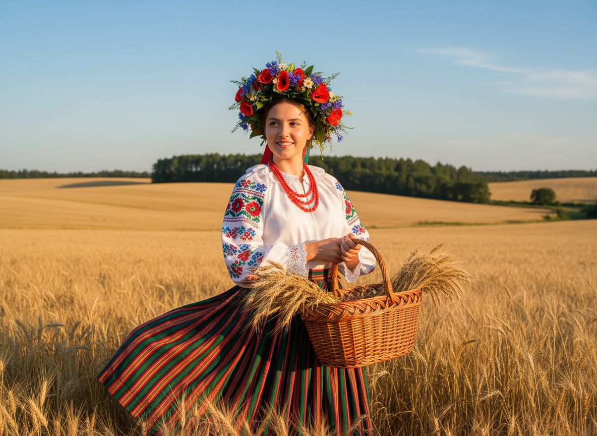 Młoda kobieta w tradycyjnym stroju polskim z koszem zbieranego zboża na tle pola i nieba