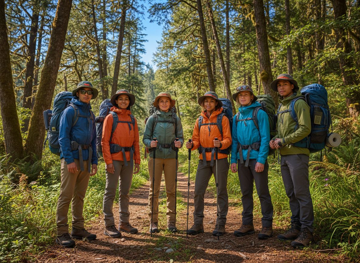 Grupa młodych osób na leśnej ścieżce w odzieży turystycznej z plecakami i kijkami trekkingowymi.